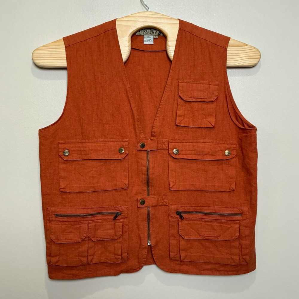 VTG Protest Utility Vest Mens Small Orange Linen Cotton Multi-Pocket Gorpcore